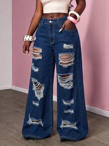 Slaydiva Plus Size Loose Distressed Straight Leg Blue Jeans - Blue - View 4