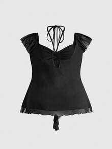 Sweetness Elegante Große Größen Gothic Damen Bluse in Schwarz mit Schnürung, Herz-Strass-Dekor und ärmellos - Schwarz - Übersicht 2