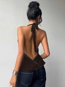 Aloruh Áo croptop hở lưng cổ yếm đính hạt thời trang gợi cảm, thích hợp cho mùa hè. - Màu nâu Sô-cô-la - Xem 2