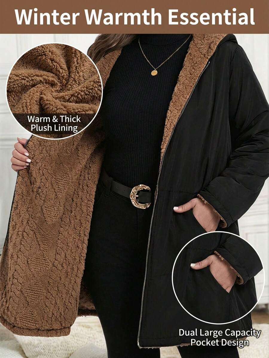 SHEIN Clasi 这款大码女式黑色连帽长袖保暖拉链休闲外套，内衬棕色几何纹理绒布，保暖隔热，配有双口袋，是秋冬季的时尚单品。它采用优质面料和精湛工艺，保暖隔热，适合多种场合穿着。另有一款大码女式杏色时尚多功能保暖连帽长款绗缝外套可供选择。 - 彩色 - 查看 1