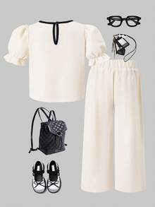 SHEIN Casuvi Kids 女童两件套 - 纯色梭织泡泡袖短袖上衣，撞色水滴领和蝴蝶结装饰，搭配宽松直筒裤，法式时尚风格，适合春夏休闲穿着 - 彩色 - 查看 2