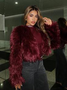 Maria Perezxox 女士时尚性感短款仿皮草大衣，秋冬新品 - 酒紅色 - 查看 6