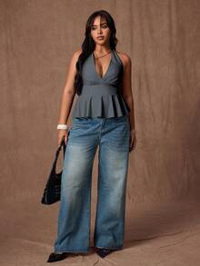 Rustia Áo kiểu nữ cỡ lớn màu trơn cổ yếm buộc dây phía sau, viền bèo nhún, thời trang và đa năng, phù hợp cho đi làm và hẹn hò. - Màu xám đen - Xem 6