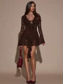 SHEIN BAE Women's Sexy Elegant Elegant Vacation Style Deep V-Neck Ruffle Sleeve Sheer Lace Mini Dress, Spring/Summer/Autumn - Coffee Brown - View 3