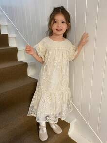 DAZY Young Girls Round Neck Party Birthday Lace Patchwork Puff Sleeve Birthday Dress Spring - Apricot - View 6