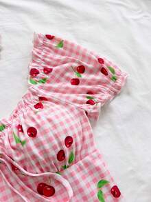 Soleia Body à volants avec imprimé cerises et carreaux, à nouer devant pour femmes en vacances - Multicolore - Voir 3