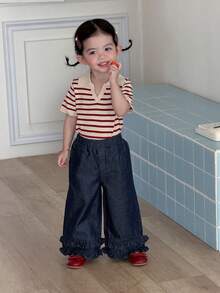 DAZY 女童荷叶边宽松休闲直筒水洗牛仔裤 - 深色水洗藍 - 查看 5