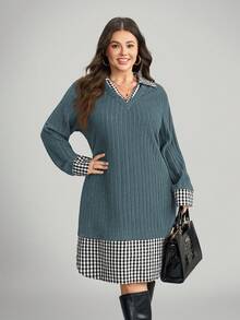 Comfylo Plus Size V-Neck 2 In 1 Long Sleeve Ribbed Casual Dress - Dusty Blue - View 6