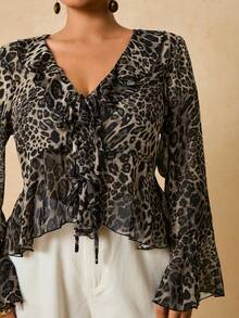 SHEIN VCAY Plus Size Women's Leopard Print Chiffon Long Sleeve Blouse, V-Neck Ruffle Romantic Elegant Top - Grey - View 3