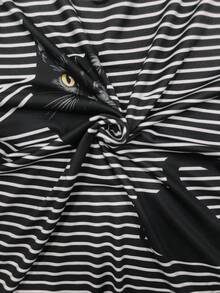 Resyla 女士休闲条纹猫咪印花圆领短袖T恤 - 彩色 - 查看 4