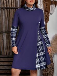 EMERY ROSE Women's Plus Size Knitted Fabric Christmas Plaid Long Sleeve Mini Dress Mod Style For Winter - Blue - View 6