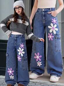 SHEIN ChillGRL Quần jeans ống rộng thêu hoa tuyết thời trang cho bé gái tuổi teen, thích hợp cho mùa xuân, hè, thu và đông với họa tiết bướm và hoa, quần jeans ống rộng họa tiết hoa thập niên 90 cho trẻ em, quần jeans rộng thùng thình thêu họa tiết phong cách Y2K. - Rửa tối - Xem 7