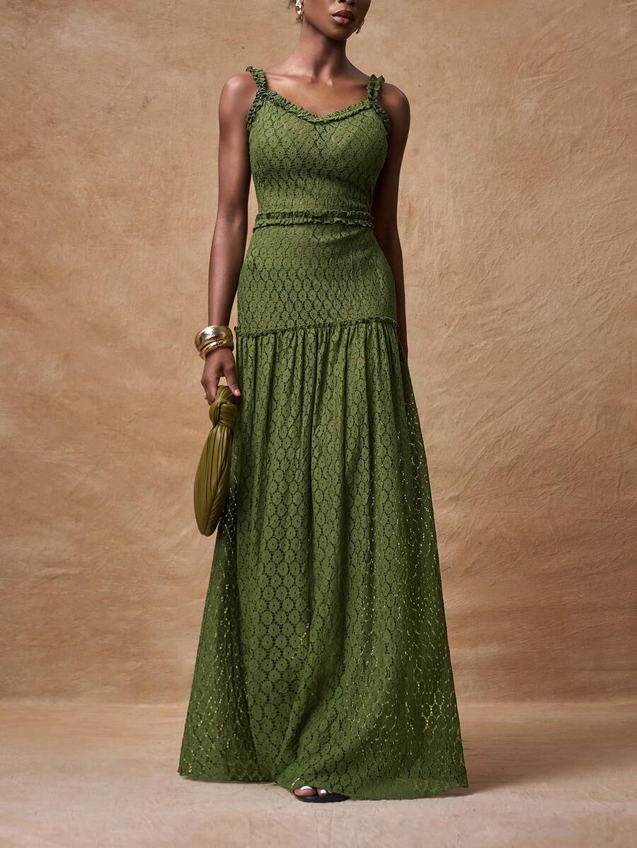 Zivah 2026春夏新款音乐节、复活节、圣帕特里克节、情人节、约会、西部风、游牧风、生日派对、毕业典礼、大学、学生、日常休闲、基础款、休闲、度假、邮轮、海滩、日光浴、爆款、街头风、婚礼宾客、波西米亚风、通勤、早午餐、机场、派对、假日郊游、办公着装 绿色无袖长款针织A字镂空提花连衣裙 - 綠色 - 查看 1