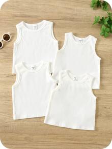 Bộ 4 áo ba lỗ dệt kim trơn màu đơn giản cho bé trai, màu trắng, nhiều màu lựa chọn - Nhiều màu - Xem 7