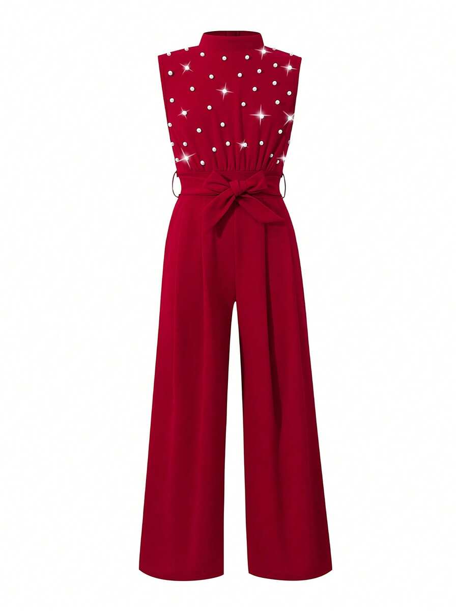 Tween Girls Faux Pearl Collar Bow Jumpsuit Red Wide Leg Jumpsuit Jumpsuit With Pearls Red Jumpsuit For Girls - Burgundy - View 1
