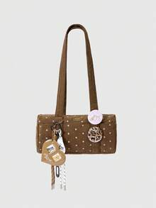 ROMWE Kawaii 1个Y2K复古波点印花手提包，饰有徽章和爱心图案，多口袋单肩包，时尚百搭，适合日常、上学、购物、旅行、约会等场合。 - 咖色 - 查看 2