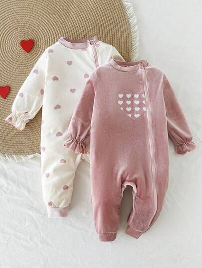 SHEIN Baby Girls' Cute Heart Print Contrast Color Korean Fleece Knit Long Sleeve Romper, Comfortable Fabric, Suitable For Daily Wear, Autumn/Winter