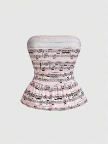 ROMWE J-Fashion Top bandeau ajustado con estampado de notas musicales Y2K, con volantes de encaje y contraste de color en el bajo - Rosa - Ver 4