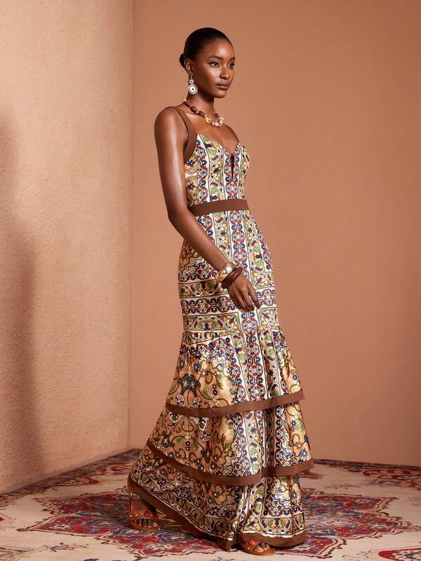 JIAN LASALA All-Over Print Sleeveless Deep V Color Blocked Binding Layered Ruffled Women Maxi Dress