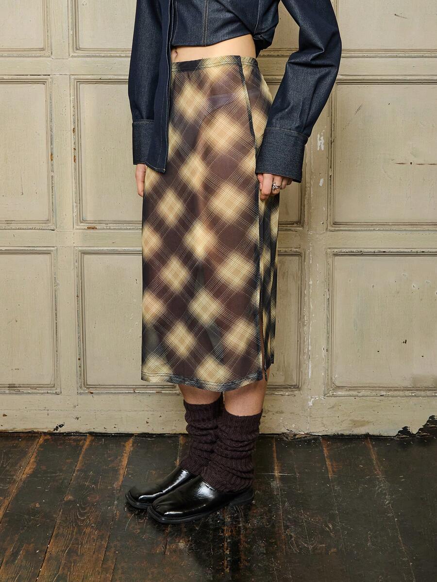 COUREZ Low Rise Midi Skirt In Sheer Mesh Fabric /Y2K Spring For Women Cozy Rave Skirt For Women Going Out Summer Skirt - Yellow - View 1