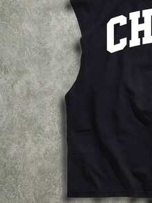 Manfinity ZONE917 宽松白色“CHICAGO”印花黑色短款露背背心 - 黑色 - 查看 4