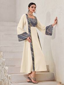 Al Najma Đầm maxi Thổ Nhĩ Kỳ in họa tiết dành cho nữ, áo choàng dài truyền thống Ả Rập. - Màu be - Xem 5