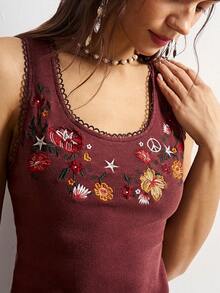 Bohemela Áo tank top nữ dệt kim không tay cổ tròn, màu trơn, dáng ôm, thêu họa tiết, phong cách thường ngày. - Cà phê nâu - Xem 4