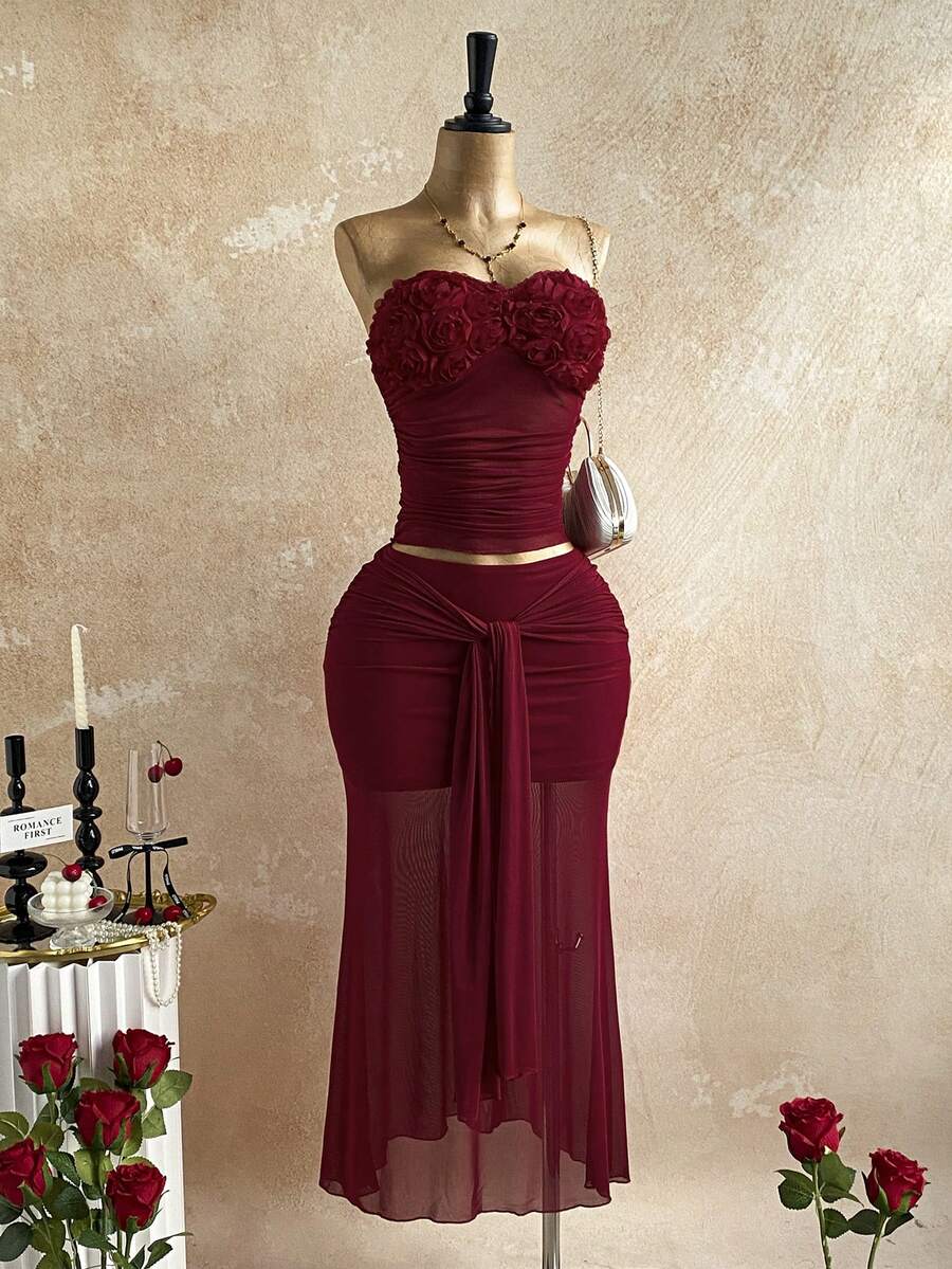 Soleia Women's Romantic Vacation Rose Textured Fabric Patchwork Mesh Bustier Top And Mesh Draped Tie Waist Maxi Skirt Set, Casual, Date Night, Nightclub, Afternoon Tea, Beach, Cruise, City Vacation, Music Festival, Party, Boho, Music Festival, Hippie, Western, Daily Commute, Red Skirt Set, Rose Set Two Piece Dress Red Two Piece Outfit Elegant Two Piece Set Valentine's Day Sexy Outfit Ideas,Mardy Gras Music Festival Outfit - Burgundy - View 1