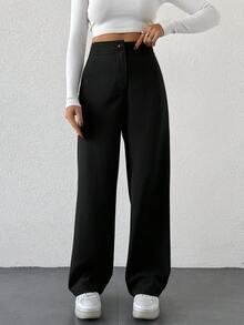 EURMUSE Plus Size Women's Straight Suit Pants Black Wide Leg Teachers' Day Office Summer Soft Form Modest - Black - View 2