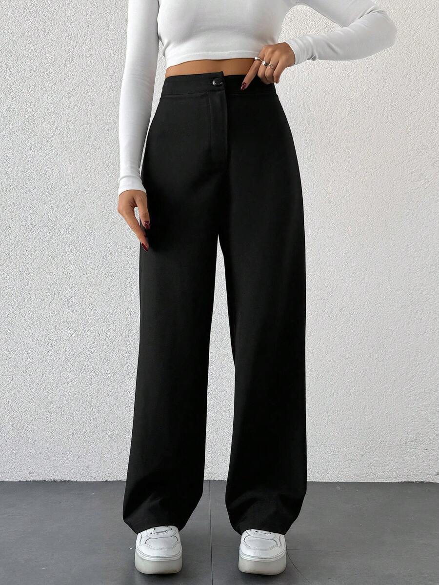 EURMUSE Plus Size Women's Straight Suit Pants Black Wide Leg Teachers' Day Office Summer Soft Form Modest