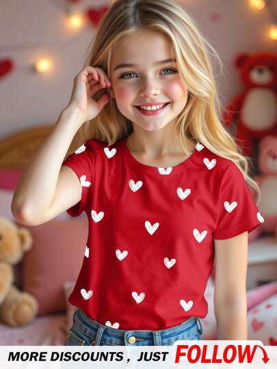 Día de San Valentín, estampado de corazón colorido y lindo dibujado a mano, camiseta de cuello redondo de manga corta minimalista informal para niñas preadolescentes, adecuada para el verano