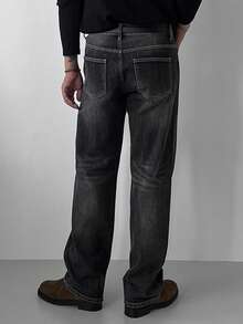 DAZY Men's Plain Black Washed Denim Jeans, Spring/Autumn - Black - View 2