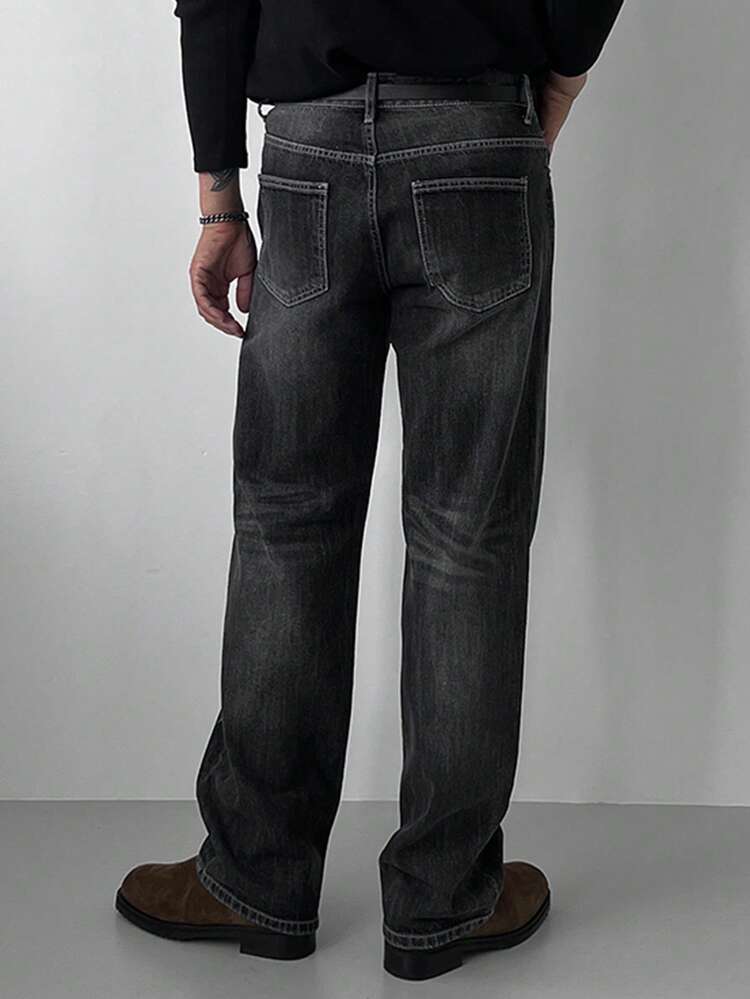 Men's Plain Black Washed Denim Jeans, Spring/Autumn