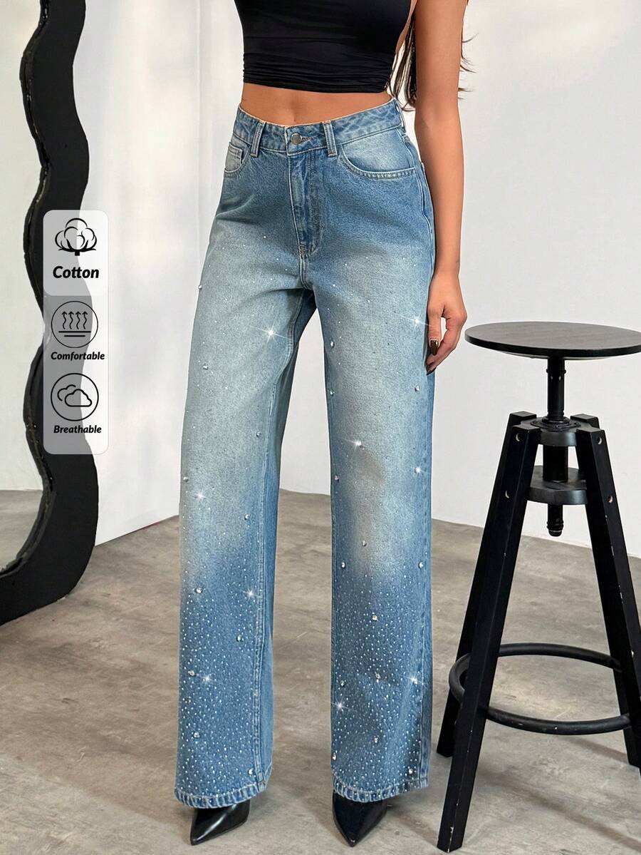EURMUSE Quần jeans nữ 100% cotton với chi tiết đính đá. - Rửa trung bình - Xem 1