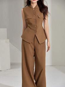 DAZY Women's Stand Collar Cinched Waist Sleeveless Vest And Elastic Waist Wide Leg Casual Suit Set - Brown - View 5
