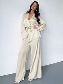 Firerie Women's Elegant Casual Vacation Commute Office Lapel Waist Tie Loose Shacket And High Waist Casual Pants, Suitable For Autumn And Summer