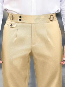 Calvornis Men's Solid Color Waist Buckle Design Pocket Commuter Suit Pants - Beige - View 2