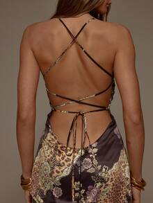 MUSERA Floral Animal Print Satin Lace Up Back Ruffle Asymmetric Hem Midi Dress Valentines Sexy Cute Party Romantic Night Out Occasion Winter Vacation - Multicolor - View 6