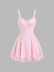 Elamini Elegante vestito da donna a-line aderente con fiocco romantico in pizzo, adatto per casual, appuntamenti, feste, vacanze, versatile per primavera, estate, autunno, inverno - Rosa - Visualizzare 3