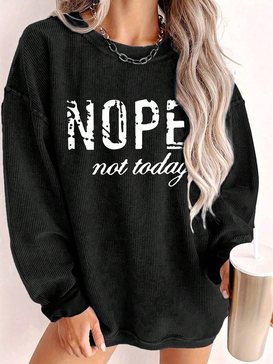 Plus Size Women's Casual Letter Printed Sweatshirt Pullover Fall & Winter - Black - View 1