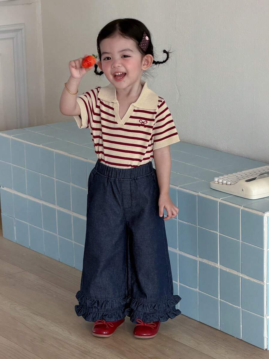 DAZY 女童荷叶边宽松休闲直筒水洗牛仔裤 - 深色水洗藍 - 查看 1