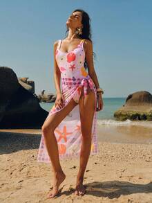 Swim Oasis Elegant Beach Vacation Shell & Starfish Pattern Swimsuit Coverup & Skirt Set - Multicolor - View 5