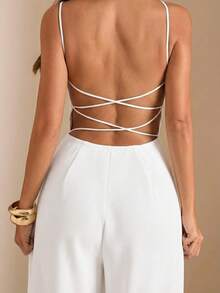SHEIN BAE Bộ jumpsuit đen hở lưng, jumpsuit ống rộng hai dây gợi cảm dành cho nữ, trang phục thanh lịch để đi chơi hàng ngày, hẹn hò, dự tiệc. - trắng - Xem 7