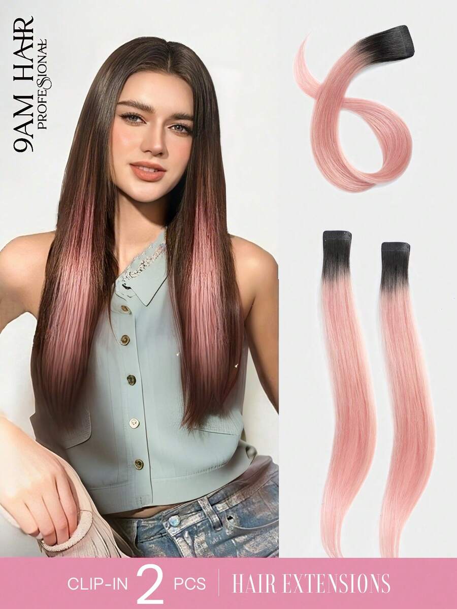 2Pcs Clip In Hair Extensions Real Human Hair 18inch Straight Colorful Hair Extension Clip In Party Highlights Hairpiece Real Hair Pieces For Women Hair Extensions - SPink - View 1