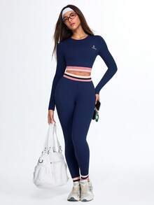 Dewbera Dewbera 2pcs Women's Navy Blue And White Workout Sets,Seamless Autumn Athleisure,Long Sleeve Crop Top And High Waist Leggings,Contrast Stripe Gym Sportswear - Royal Blue - View 15