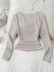 SHEIN 少女提花卡其色和白色条纹圆领长袖休闲T恤 - 卡其色 - 查看 2