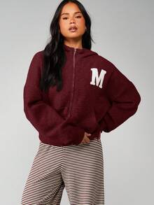 MISSGUIDED 针织拉链连帽衫，带字母徽标，长袖秋冬舒适套头衫 - 酒紅色 - 查看 4