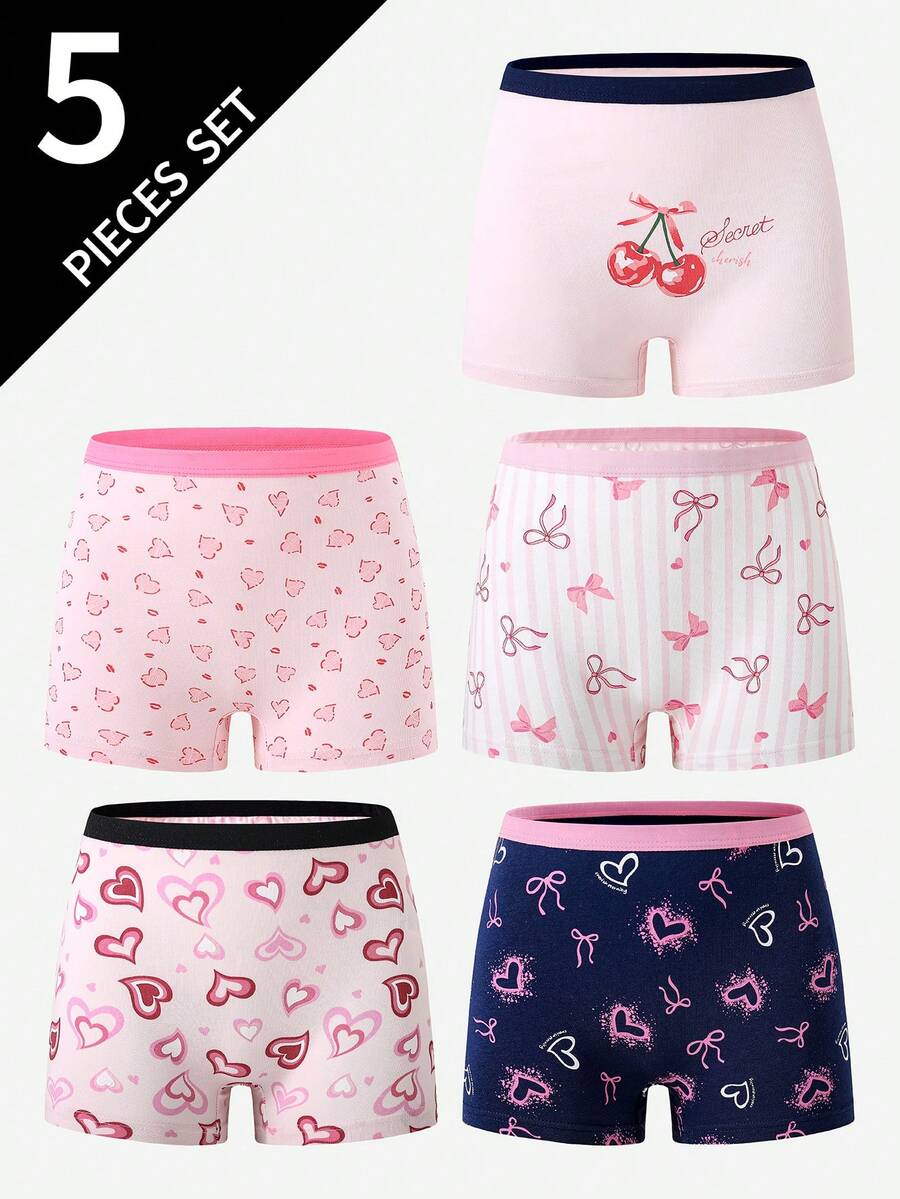 5pcs Girls' Heart & Bow Minimalist Cute Multi-Color Cotton Printed Panties Set - Multicolor - View 1