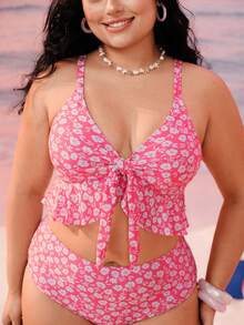 Swim Mod Plus Size Women 2pcs/Set Random Print Thick Strap Sexy Beach Holiday Bikini Swimwear - Multicolor - View 6