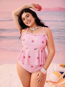 Swim Mod 大码女式两件套随机印花吊带泳衣，带收腹设计，适合海滩和度假 - 彩色 - 查看 6